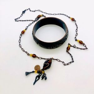 Vintage Amber Glass bead long Necklace & Bangle bracelet.